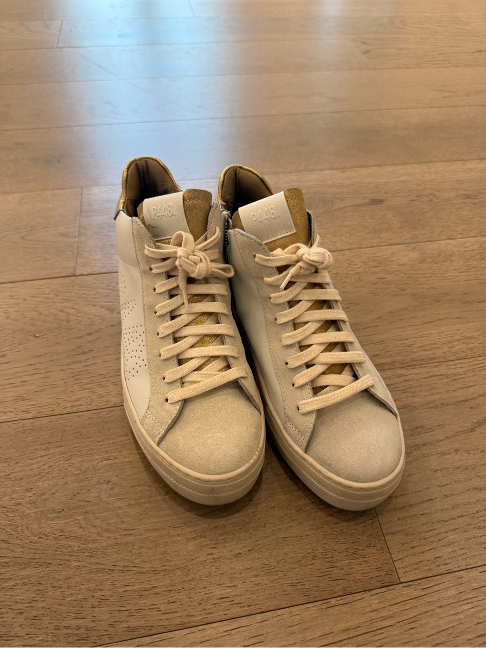 P448 Cream and Gold Accent High-Top Sneakers